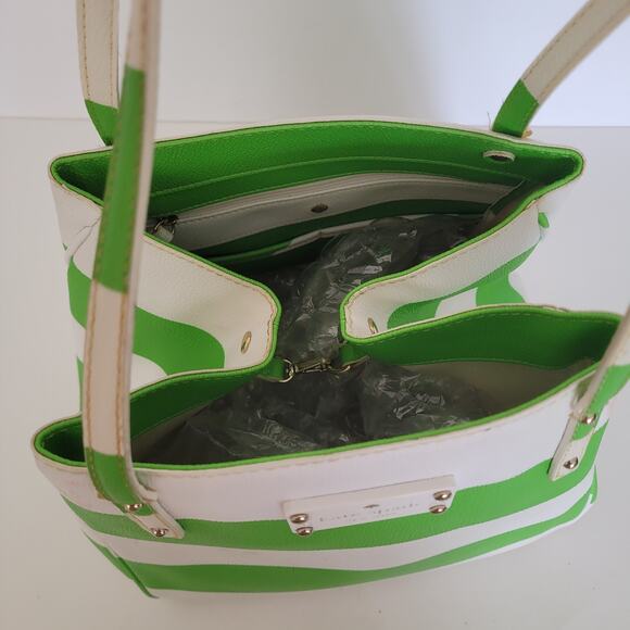 Kate Spade Tote Purse White Lime Green Stripped Saffiano Leather Shoulder Bag - Picture 6 of 13